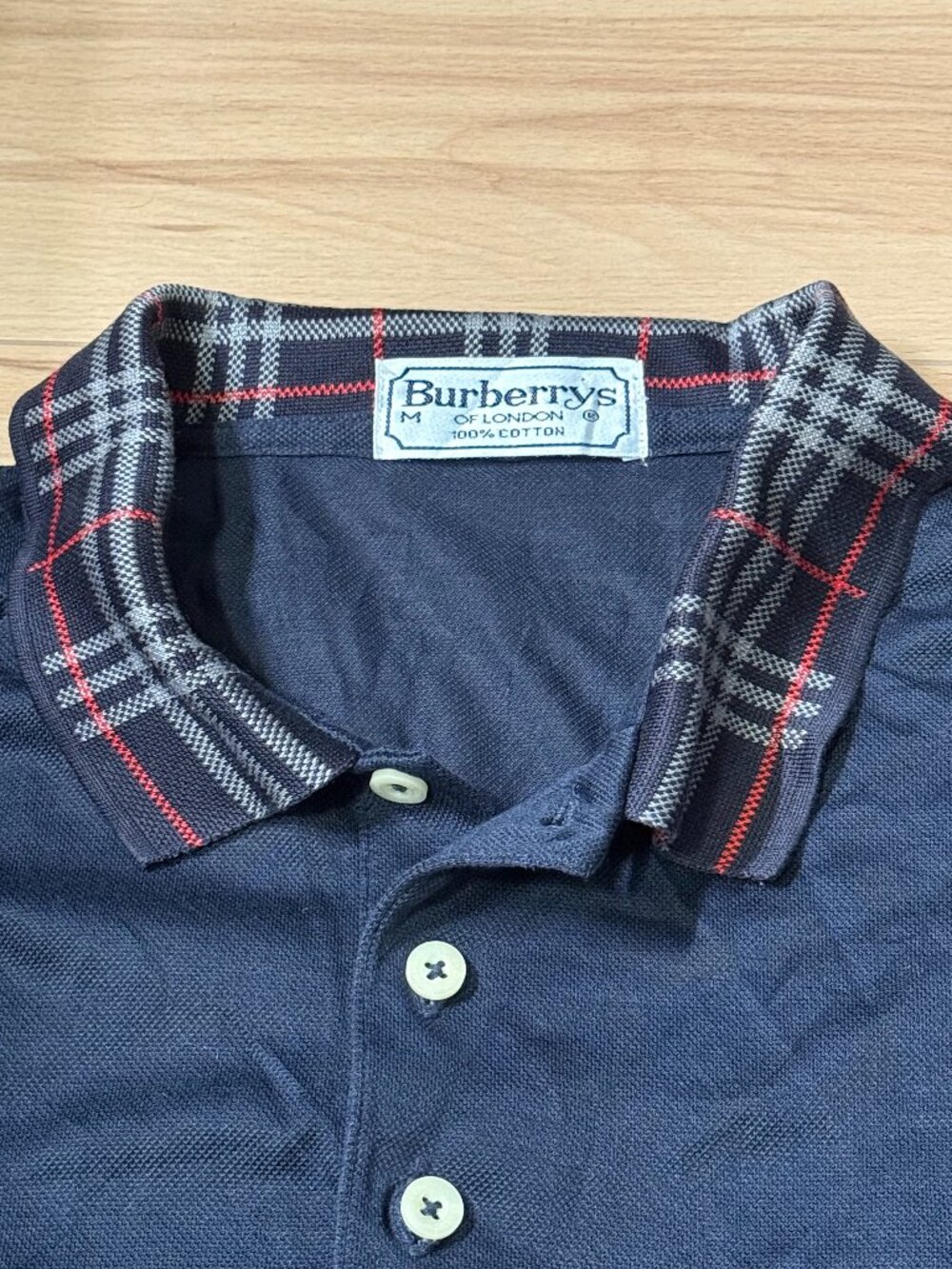 Vintage Burberrys Nova Check Collar Long Sleeve Polo Shirt Navy Blue Size M